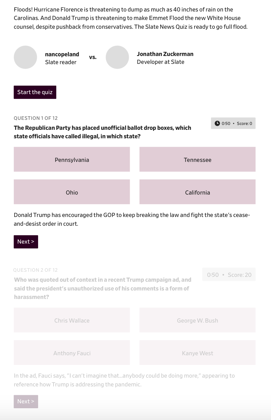 Wireframe idea that shows the timer and score in the top right and a preview of the next question greyed out below