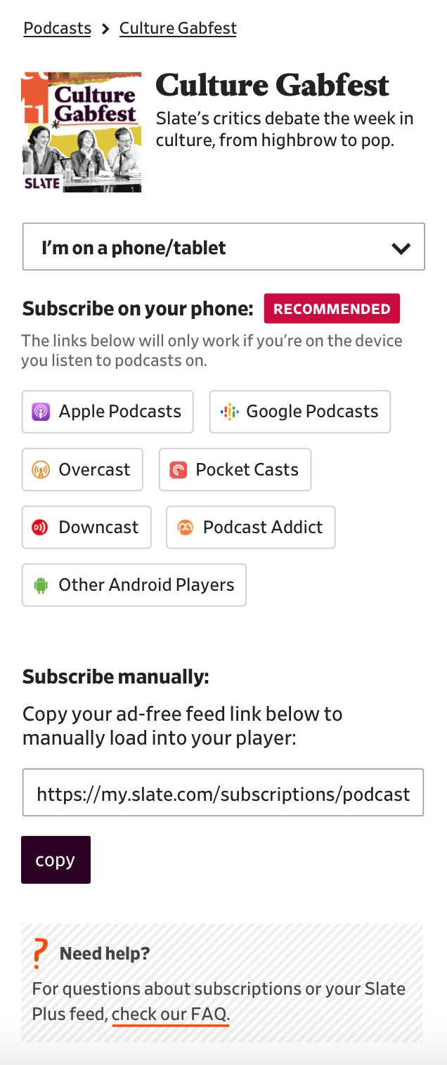 podcast feed experience on mobile using a dropdown to differentiate between screen size