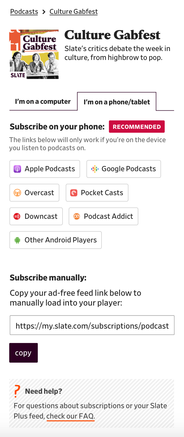 podcast feed experience on mobile using tabs to differentiate between screen size