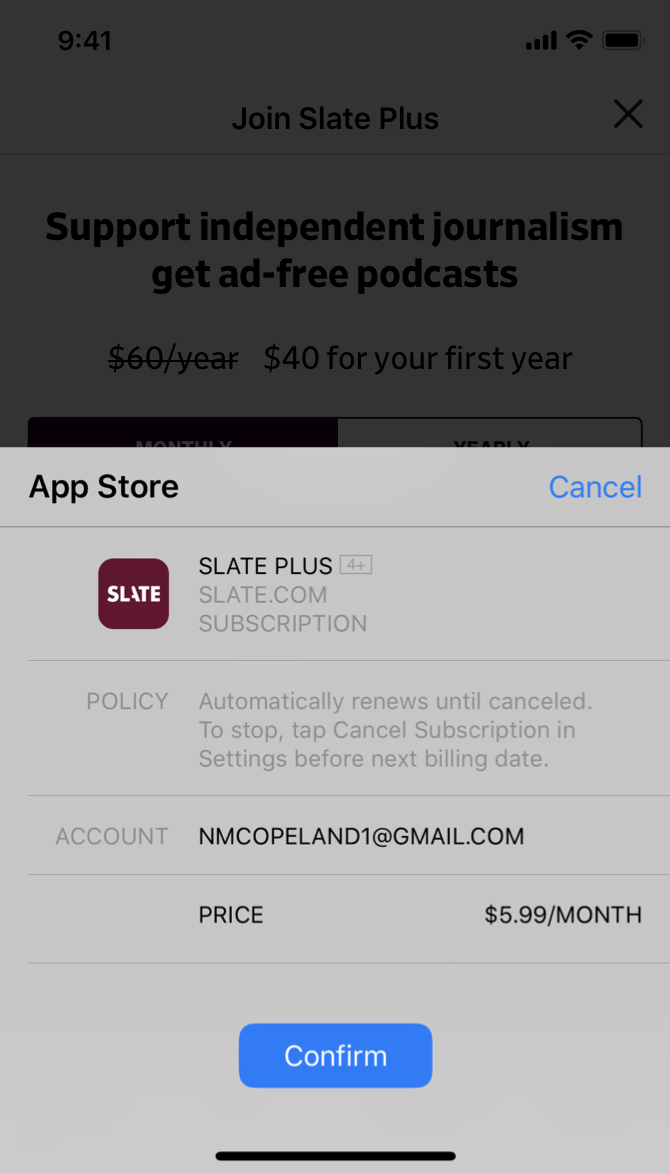 Apple subscription payment (on top of Slate Plus landing page)