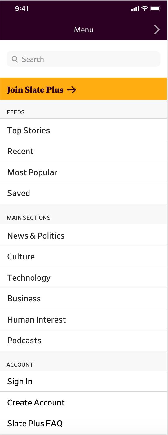 Mock of navigation menu