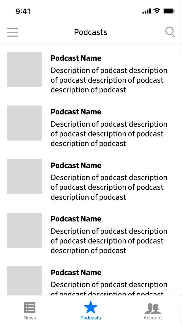 Podcasts page - podcast shows with one on each line