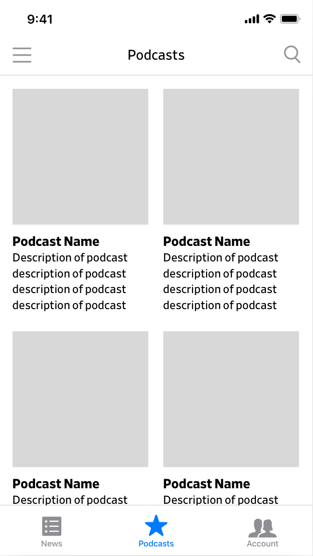 Podcasts page - podcast shows 2x2 with large art