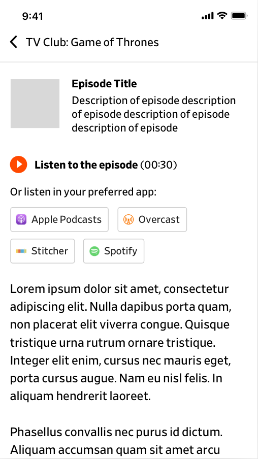 Podcast episode page with app buttons
