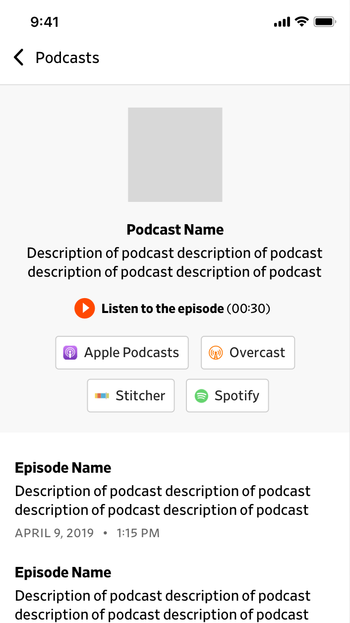 Podcast show page with app buttons