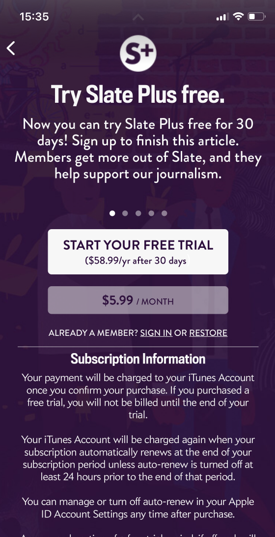 Slate Plus landing page in iOS app